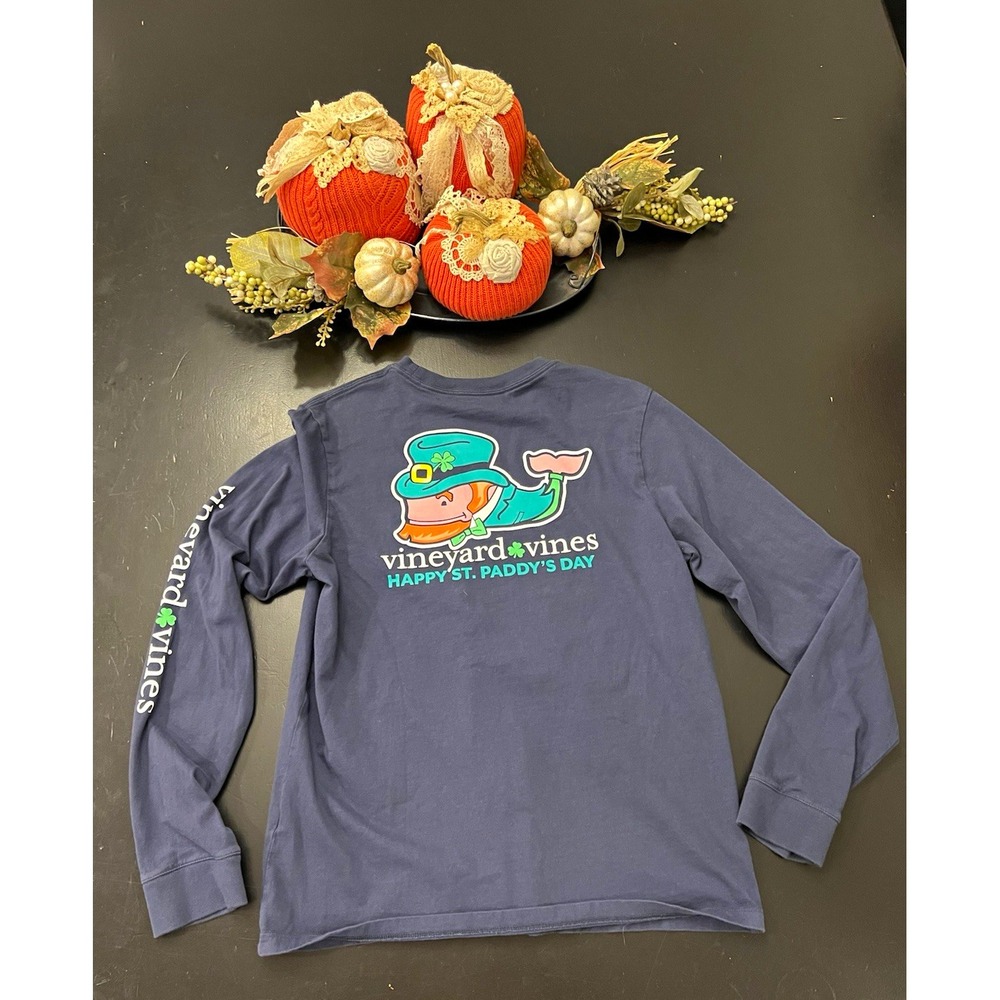 Vineyard Vines Happy St. Paddy's Day Whale Navy Long Sleeve Tee Shirt Kids XL